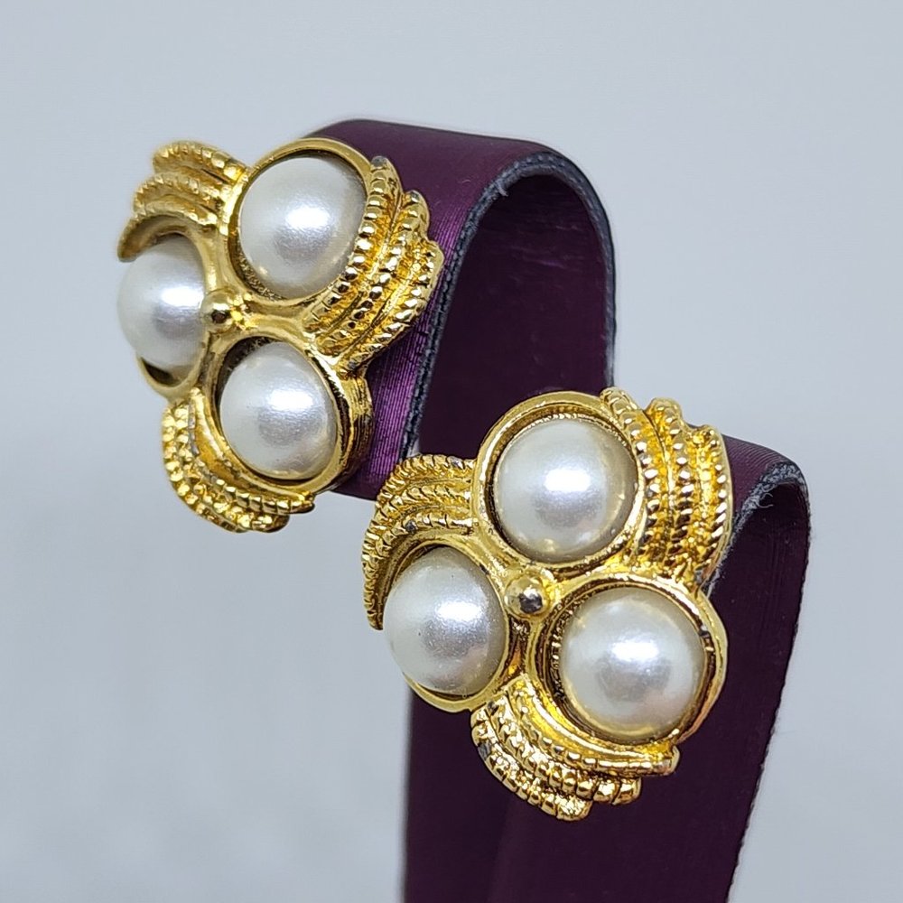 Vintage Gold Silver Trio Faux Pearl Cabochon Unsigned Designer Pierced Earrings